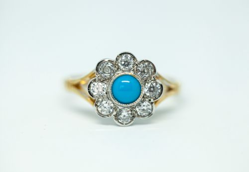 Edwardian style Turquoise and Diamond Cluster ring